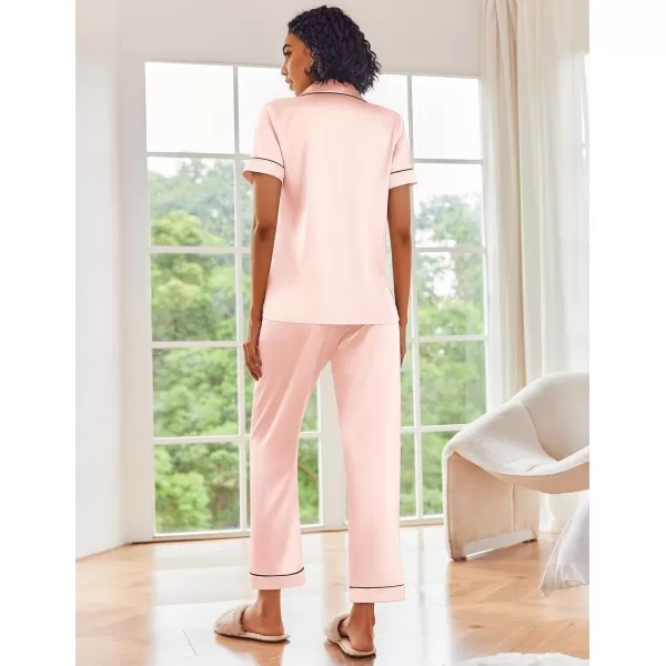 Ekouaer Silk Satin Pajamas Set Women Short Sleeve Sleepwear Soft Button Down Loungewear Pjs SetVeiled Rose