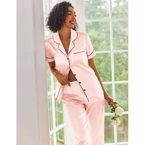 Ekouaer Silk Satin Pajamas Set Women Short Sleeve Sleepwear Soft Button Down Loungewear Pjs SetVeiled Rose