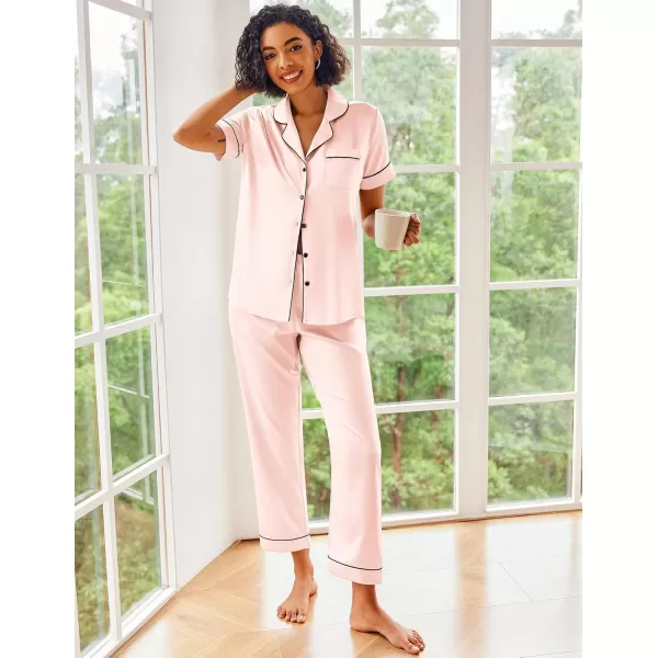 Ekouaer Silk Satin Pajamas Set Women Short Sleeve Sleepwear Soft Button Down Loungewear Pjs SetVeiled Rose