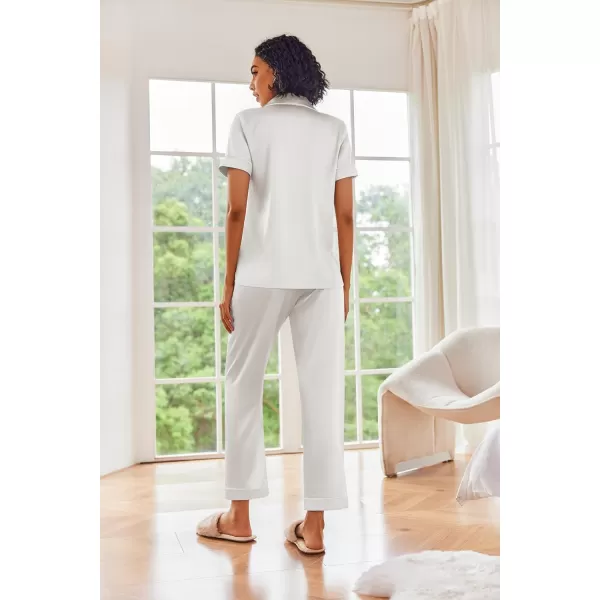 Ekouaer Silk Satin Pajamas Set Women Short Sleeve Sleepwear Soft Button Down Loungewear Pjs SetWhite