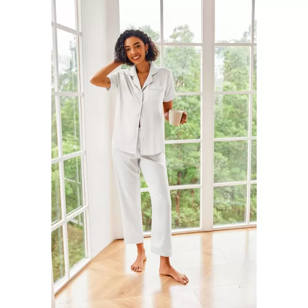 Ekouaer Silk Satin Pajamas Set Women Short Sleeve Sleepwear Soft Button Down Loungewear Pjs SetWhite