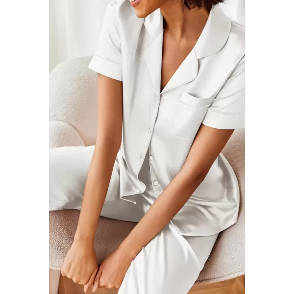 Ekouaer Silk Satin Pajamas Set Women Short Sleeve Sleepwear Soft Button Down Loungewear Pjs SetWhite