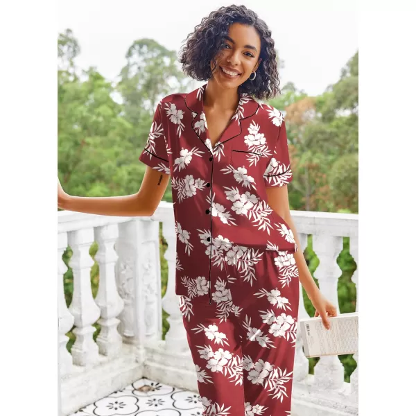 Ekouaer Silk Satin Pajamas Set Women Short Sleeve Sleepwear Soft Button Down Loungewear Pjs SetWind Red Flower