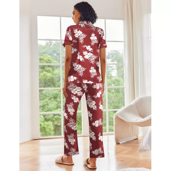 Ekouaer Silk Satin Pajamas Set Women Short Sleeve Sleepwear Soft Button Down Loungewear Pjs SetWind Red Flower