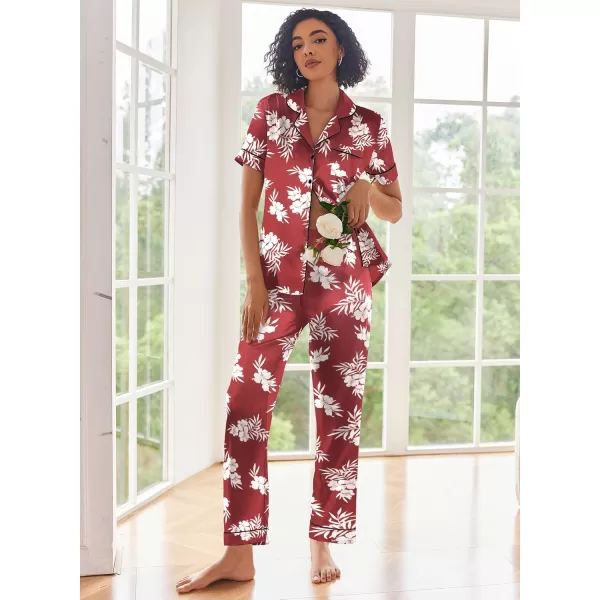 Ekouaer Silk Satin Pajamas Set Women Short Sleeve Sleepwear Soft Button Down Loungewear Pjs SetWind Red Flower