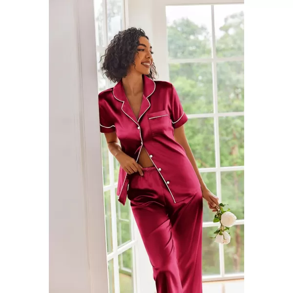 Ekouaer Silk Satin Pajamas Set Women Short Sleeve Sleepwear Soft Button Down Loungewear Pjs SetWine Red