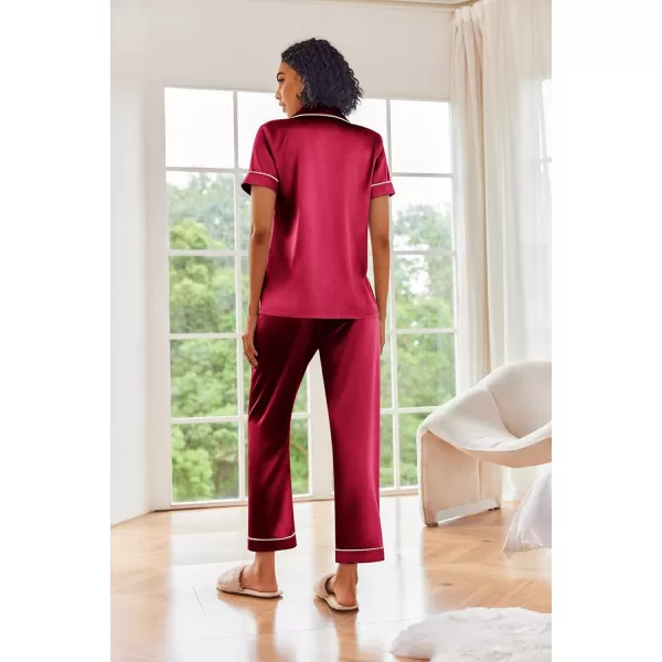 Ekouaer Silk Satin Pajamas Set Women Short Sleeve Sleepwear Soft Button Down Loungewear Pjs SetWine Red