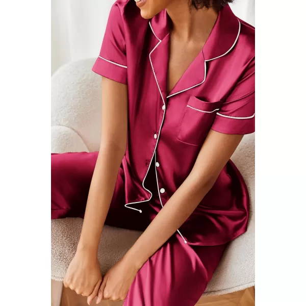 Ekouaer Silk Satin Pajamas Set Women Short Sleeve Sleepwear Soft Button Down Loungewear Pjs SetWine Red