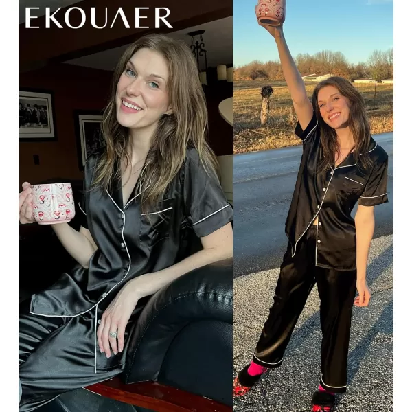 Ekouaer Silk Satin Pajamas Set Women TwoPiece Nightwear Short Sleeve Sleepwear Soft Button Down Loungewear Pjs SetBlack