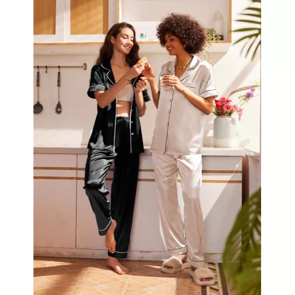 Ekouaer Silk Satin Pajamas Set Women TwoPiece Nightwear Short Sleeve Sleepwear Soft Button Down Loungewear Pjs SetBlack