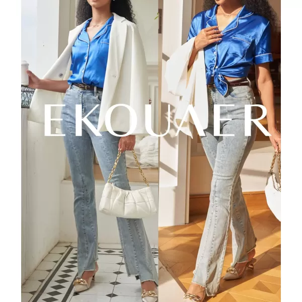 Ekouaer Silk Satin Pajamas Set Women TwoPiece Nightwear Short Sleeve Sleepwear Soft Button Down Loungewear Pjs SetBlue