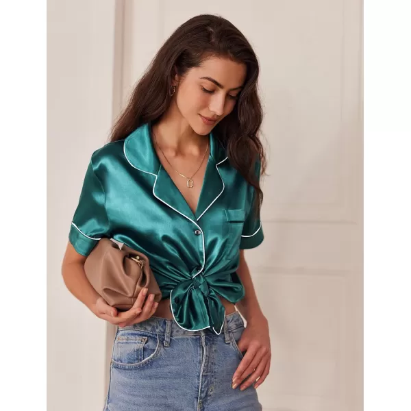 Ekouaer Silk Satin Pajamas Set Women TwoPiece Nightwear Short Sleeve Sleepwear Soft Button Down Loungewear Pjs SetBlue Green