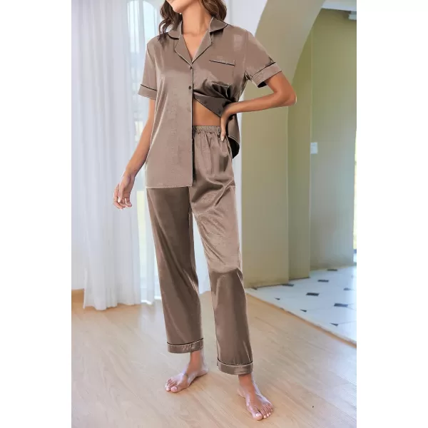 Ekouaer Silk Satin Pajamas Set Women TwoPiece Nightwear Short Sleeve Sleepwear Soft Button Down Loungewear Pjs SetBrown