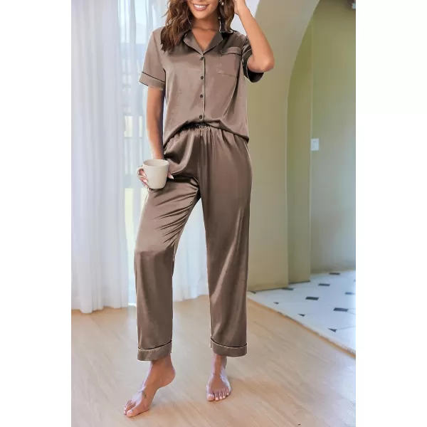 Ekouaer Silk Satin Pajamas Set Women TwoPiece Nightwear Short Sleeve Sleepwear Soft Button Down Loungewear Pjs SetBrown