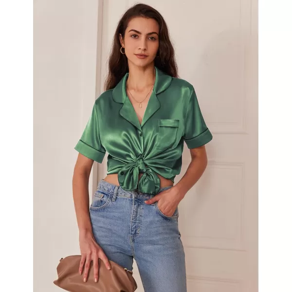 Ekouaer Silk Satin Pajamas Set Women TwoPiece Nightwear Short Sleeve Sleepwear Soft Button Down Loungewear Pjs SetDark Green