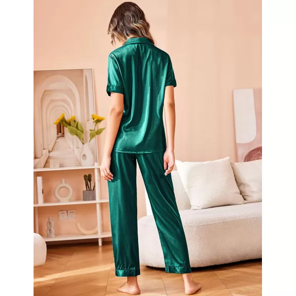 Ekouaer Silk Satin Pajamas Set Women TwoPiece Nightwear Short Sleeve Sleepwear Soft Button Down Loungewear Pjs SetDark Green