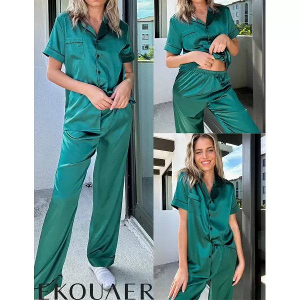 Ekouaer Silk Satin Pajamas Set Women TwoPiece Nightwear Short Sleeve Sleepwear Soft Button Down Loungewear Pjs SetDark Green