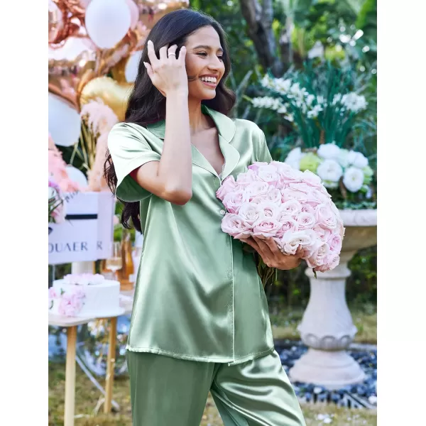 Ekouaer Silk Satin Pajamas Set Women TwoPiece Nightwear Short Sleeve Sleepwear Soft Button Down Loungewear Pjs SetGossamer Green