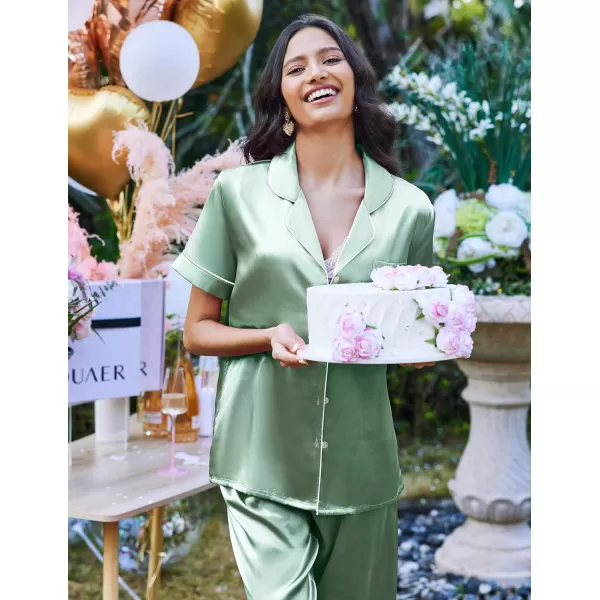 Ekouaer Silk Satin Pajamas Set Women TwoPiece Nightwear Short Sleeve Sleepwear Soft Button Down Loungewear Pjs SetGossamer Green