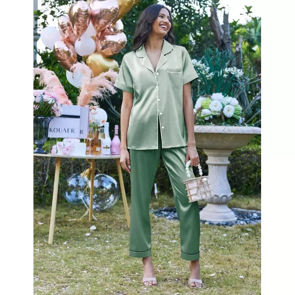 Ekouaer Silk Satin Pajamas Set Women TwoPiece Nightwear Short Sleeve Sleepwear Soft Button Down Loungewear Pjs SetGossamer Green