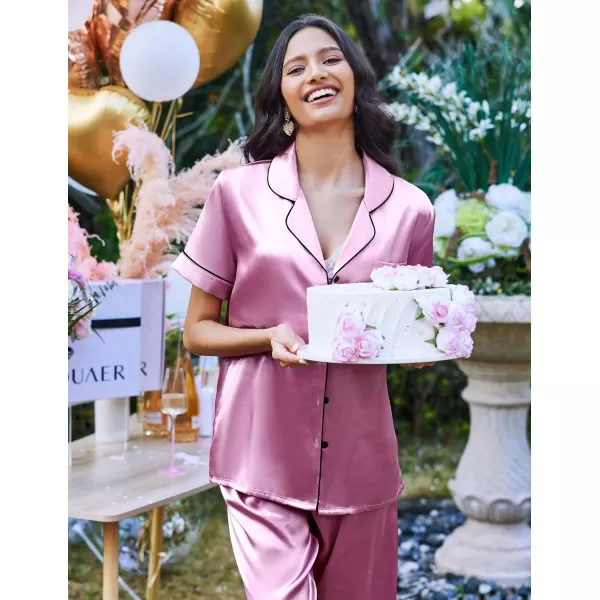 Ekouaer Silk Satin Pajamas Set Women TwoPiece Nightwear Short Sleeve Sleepwear Soft Button Down Loungewear Pjs SetGrape Nectar