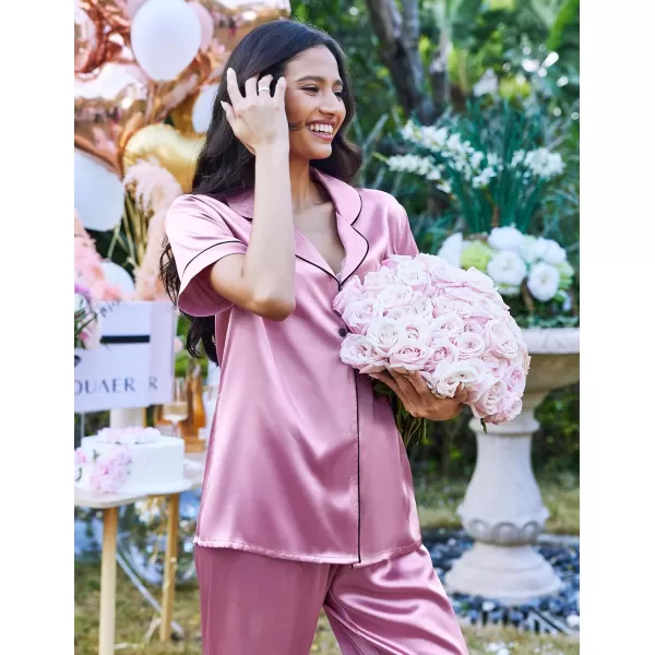 Ekouaer Silk Satin Pajamas Set Women TwoPiece Nightwear Short Sleeve Sleepwear Soft Button Down Loungewear Pjs SetGrape Nectar
