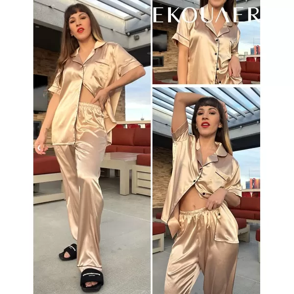 Ekouaer Silk Satin Pajamas Set Women TwoPiece Nightwear Short Sleeve Sleepwear Soft Button Down Loungewear Pjs SetKhaki