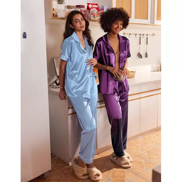 Ekouaer Silk Satin Pajamas Set Women TwoPiece Nightwear Short Sleeve Sleepwear Soft Button Down Loungewear Pjs SetLight Blue