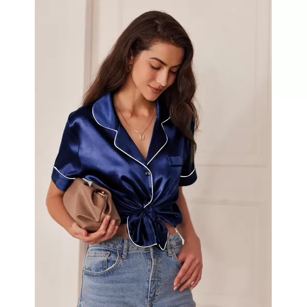 Ekouaer Silk Satin Pajamas Set Women TwoPiece Nightwear Short Sleeve Sleepwear Soft Button Down Loungewear Pjs SetNavy Blue