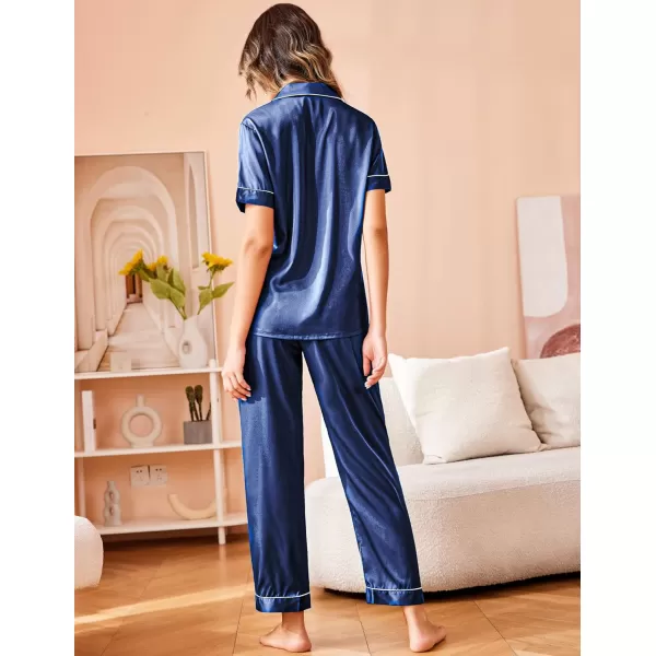 Ekouaer Silk Satin Pajamas Set Women TwoPiece Nightwear Short Sleeve Sleepwear Soft Button Down Loungewear Pjs SetNavy Blue