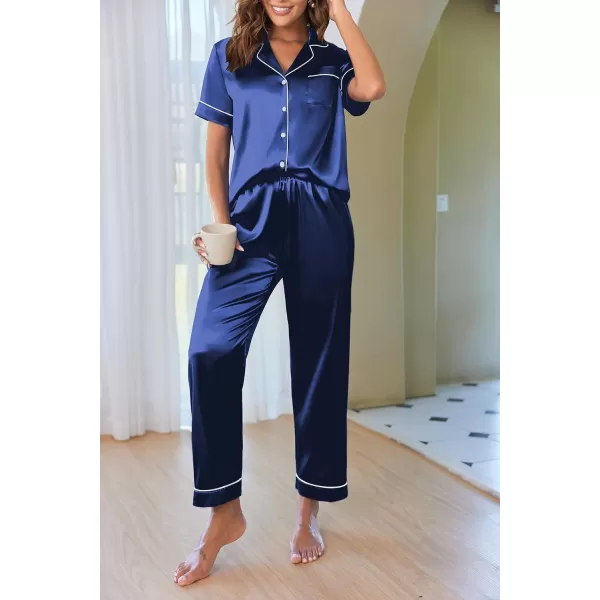 Ekouaer Silk Satin Pajamas Set Women TwoPiece Nightwear Short Sleeve Sleepwear Soft Button Down Loungewear Pjs SetNavy Blue