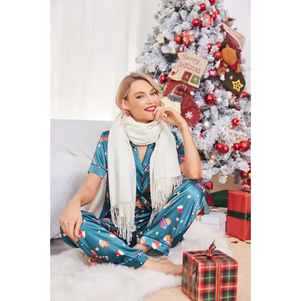 Ekouaer Silk Satin Pajamas Set Women TwoPiece Nightwear Short Sleeve Sleepwear Soft Button Down Loungewear Pjs SetPat1