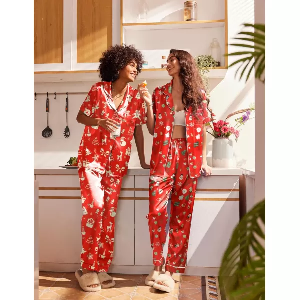 Ekouaer Silk Satin Pajamas Set Women TwoPiece Nightwear Short Sleeve Sleepwear Soft Button Down Loungewear Pjs SetPat2