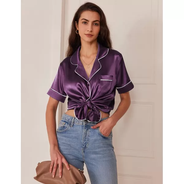 Ekouaer Silk Satin Pajamas Set Women TwoPiece Nightwear Short Sleeve Sleepwear Soft Button Down Loungewear Pjs SetPurple Wine