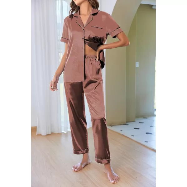 Ekouaer Silk Satin Pajamas Set Women TwoPiece Nightwear Short Sleeve Sleepwear Soft Button Down Loungewear Pjs SetRaisin Color