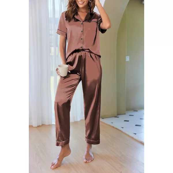 Ekouaer Silk Satin Pajamas Set Women TwoPiece Nightwear Short Sleeve Sleepwear Soft Button Down Loungewear Pjs SetRaisin Color