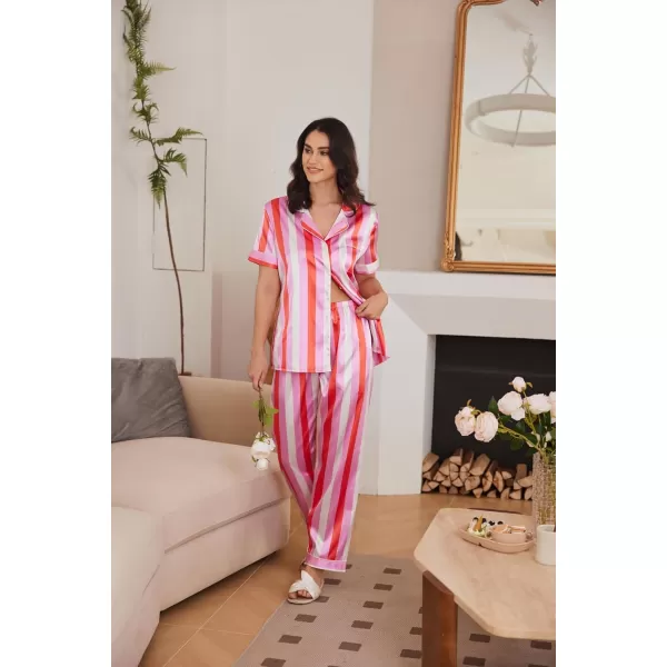 Ekouaer Silk Satin Pajamas Set Women TwoPiece Nightwear Short Sleeve Sleepwear Soft Button Down Loungewear Pjs SetStripes3