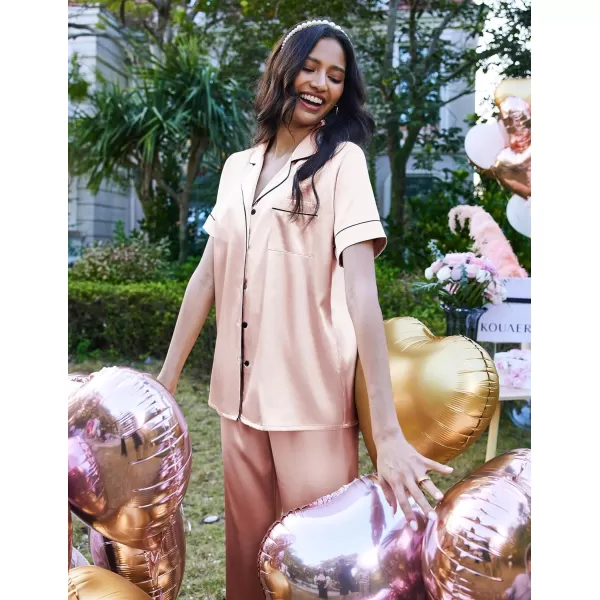 Ekouaer Silk Satin Pajamas Set Women TwoPiece Nightwear Short Sleeve Sleepwear Soft Button Down Loungewear Pjs SetVeiled Rose