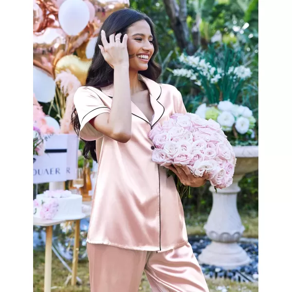 Ekouaer Silk Satin Pajamas Set Women TwoPiece Nightwear Short Sleeve Sleepwear Soft Button Down Loungewear Pjs SetVeiled Rose