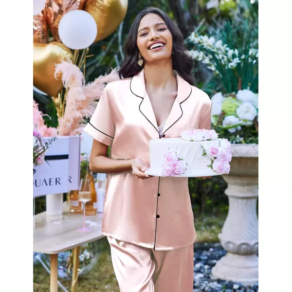 Ekouaer Silk Satin Pajamas Set Women TwoPiece Nightwear Short Sleeve Sleepwear Soft Button Down Loungewear Pjs SetVeiled Rose