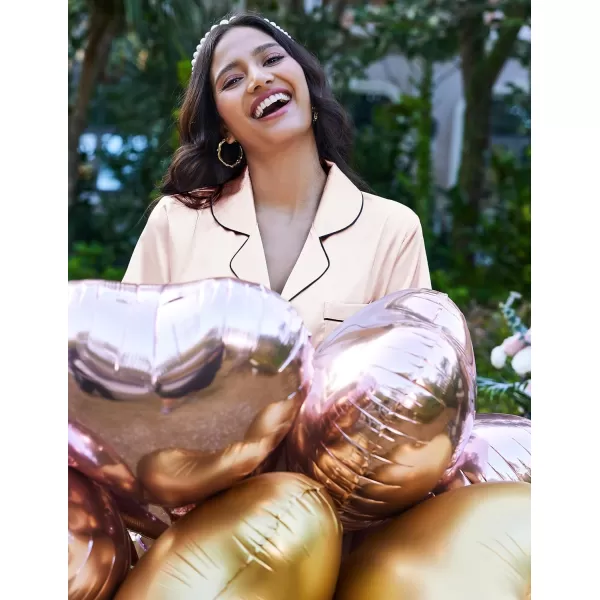 Ekouaer Silk Satin Pajamas Set Women TwoPiece Nightwear Short Sleeve Sleepwear Soft Button Down Loungewear Pjs SetVeiled Rose