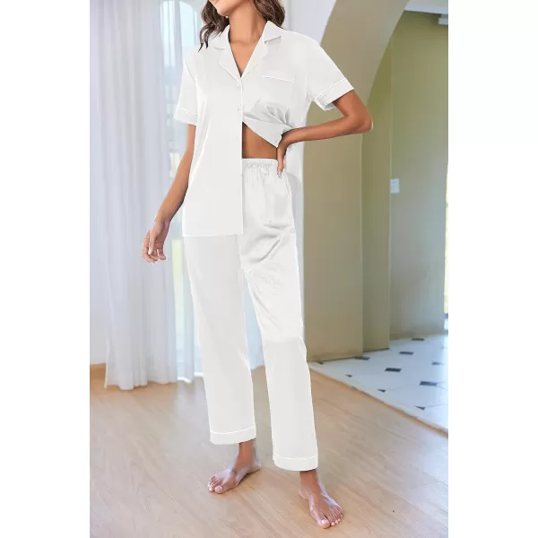 Ekouaer Silk Satin Pajamas Set Women TwoPiece Nightwear Short Sleeve Sleepwear Soft Button Down Loungewear Pjs SetWhite