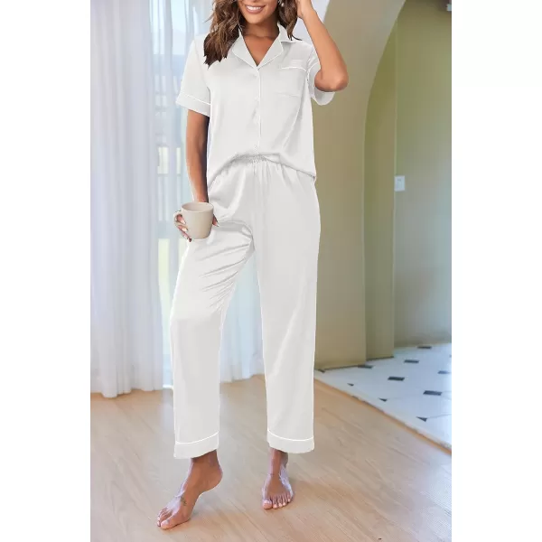 Ekouaer Silk Satin Pajamas Set Women TwoPiece Nightwear Short Sleeve Sleepwear Soft Button Down Loungewear Pjs SetWhite