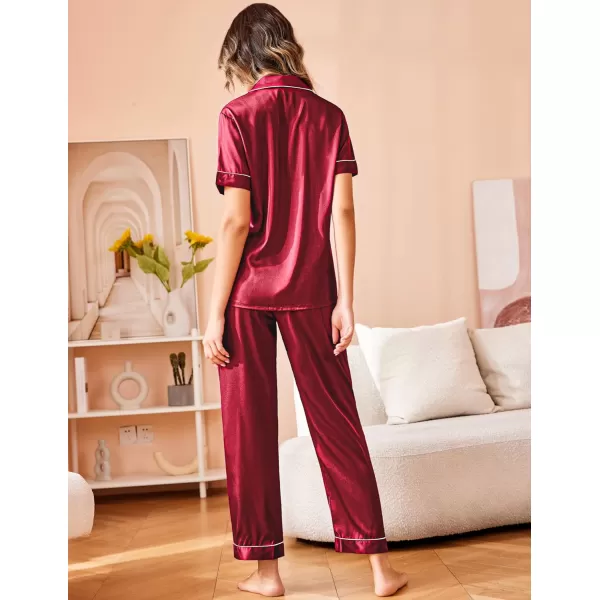 Ekouaer Silk Satin Pajamas Set Women TwoPiece Nightwear Short Sleeve Sleepwear Soft Button Down Loungewear Pjs SetWine Red