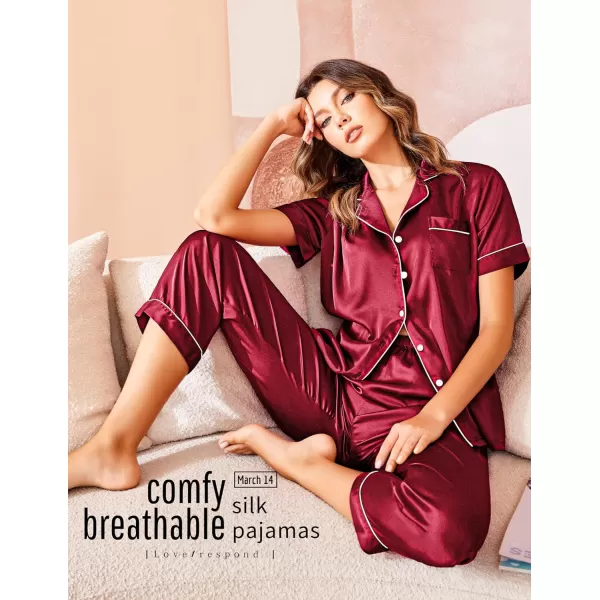 Ekouaer Silk Satin Pajamas Set Women TwoPiece Nightwear Short Sleeve Sleepwear Soft Button Down Loungewear Pjs SetWine Red