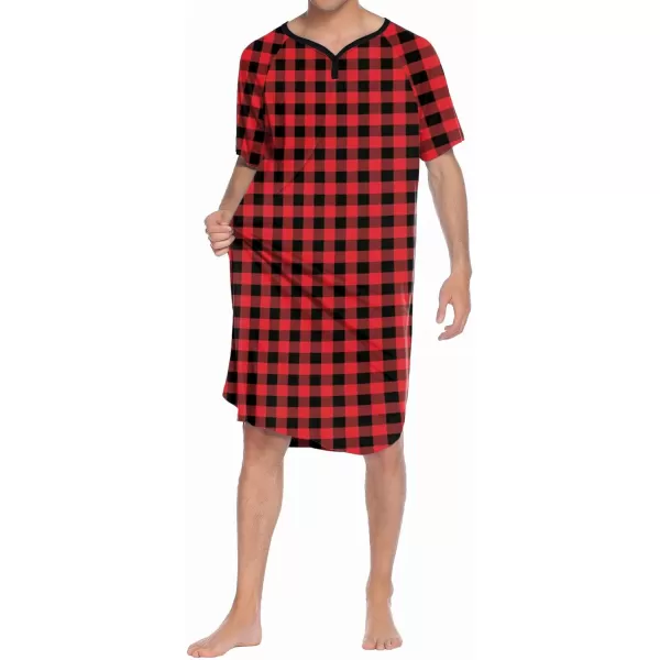 Ekouaer Sleepwear Mens Nightshirt Short Sleeve Pajamas Comfy Big amp Tall Henley Sleep Shirt MXXXLPlaid  Black amp Red