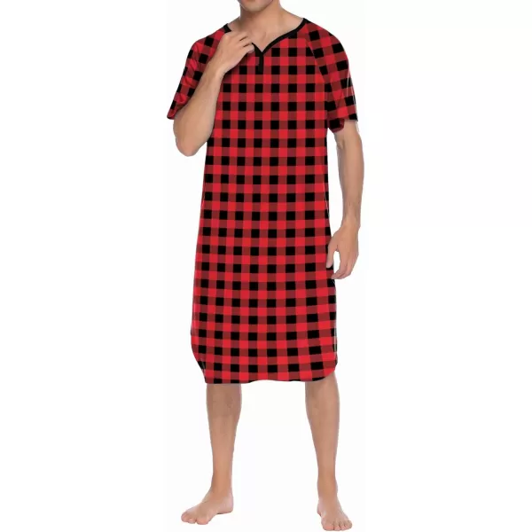 Ekouaer Sleepwear Mens Nightshirt Short Sleeve Pajamas Comfy Big amp Tall Henley Sleep Shirt MXXXLPlaid  Black amp Red