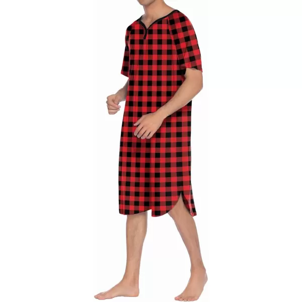 Ekouaer Sleepwear Mens Nightshirt Short Sleeve Pajamas Comfy Big amp Tall Henley Sleep Shirt MXXXLPlaid  Black amp Red