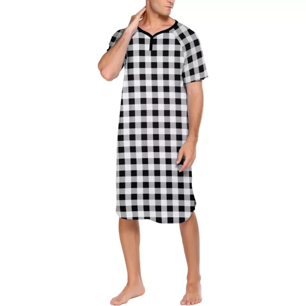 Ekouaer Sleepwear Mens Nightshirt Short Sleeve Pajamas Comfy Big amp Tall Henley Sleep Shirt MXXXLPlaid  Black amp White