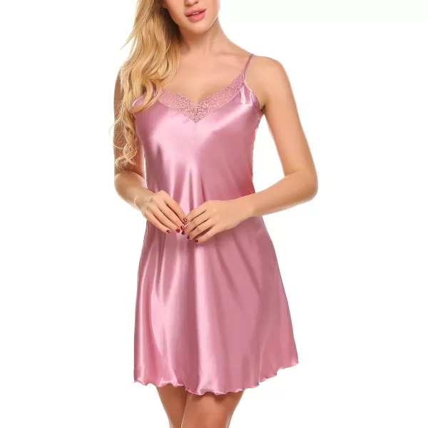 Ekouaer Sleepwear Sexy Lingerie Nightgown Lace Chemise Satin Slip Silk Negligee Nightie Bridal Babydoll for Women2purple Pink